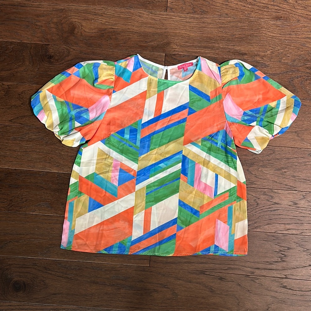 Colorful Geometric Bubble Sleeve Blouse